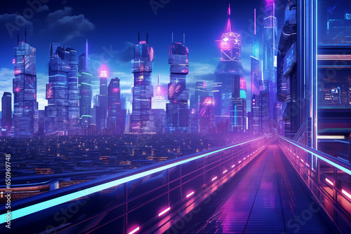 a futuristic city with neon lights and buildings