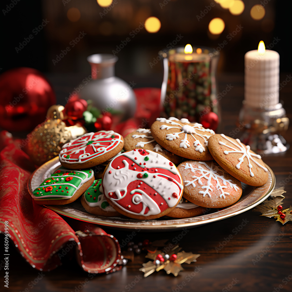 A plate of frosted Christmas cookies surrounded by festive Christmas decor like candles ornaments and pine branches