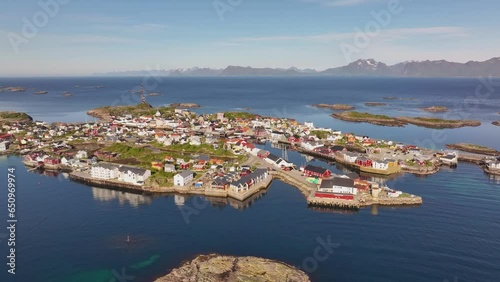 Aerial view of sunny morning in Henningsvaer, Lofoten, Norway