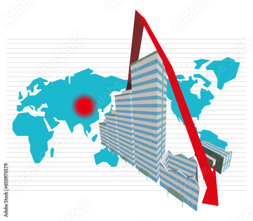 中国のバブル崩壊グラフイメージ　日本中心世界地図　ベクターイラストレーション