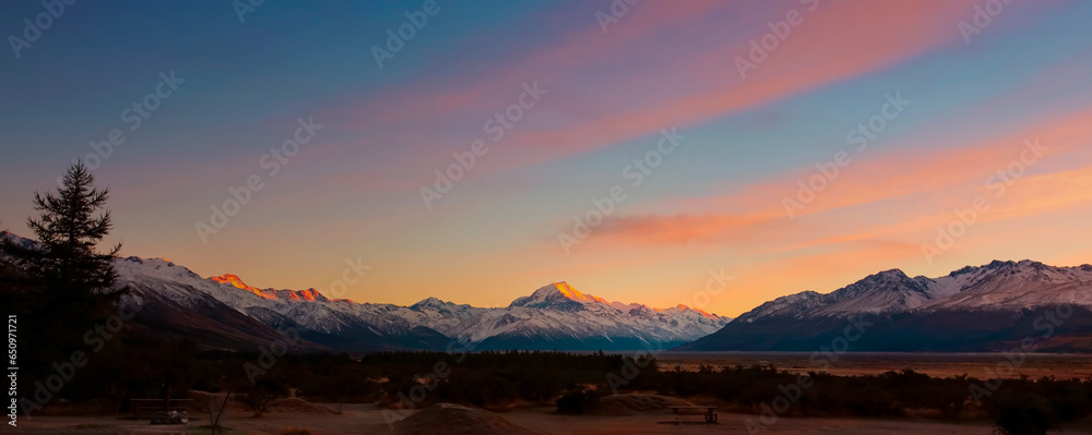 Panoramic view of sunset scene with the  road way to the mountain view of Mount cook ,New zealand