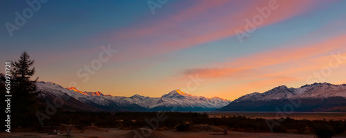 Panoramic view of sunset scene with the  road way to the mountain view of Mount cook  New zealand