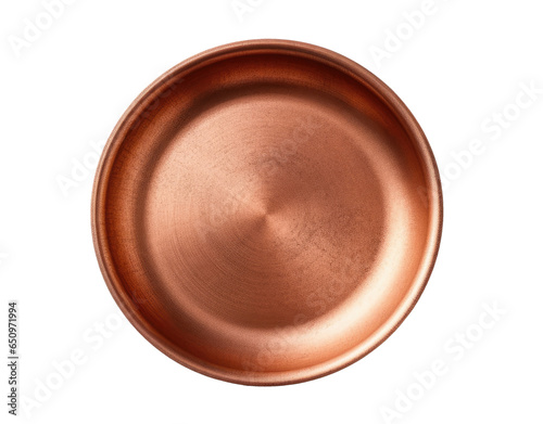 Empty copper frying pan isolated on transparent background, top view photo
