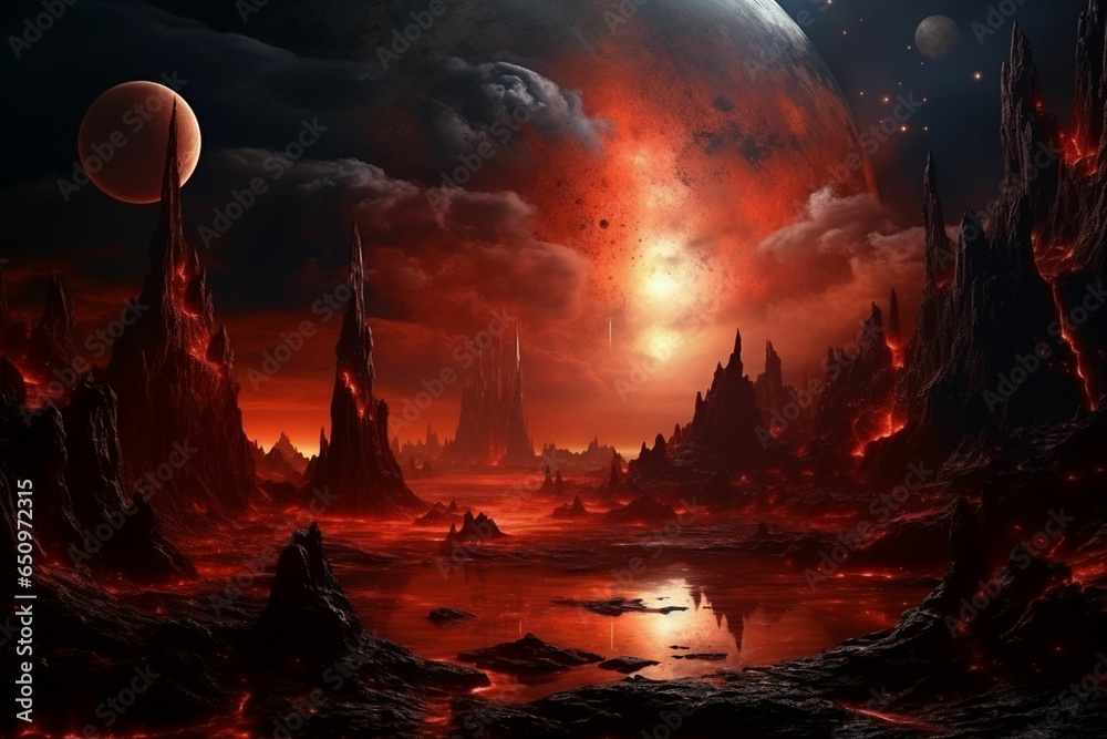 an alien landscape with red and orange clouds