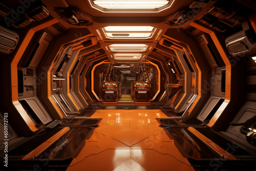 a futuristic space corridor with orange lighting