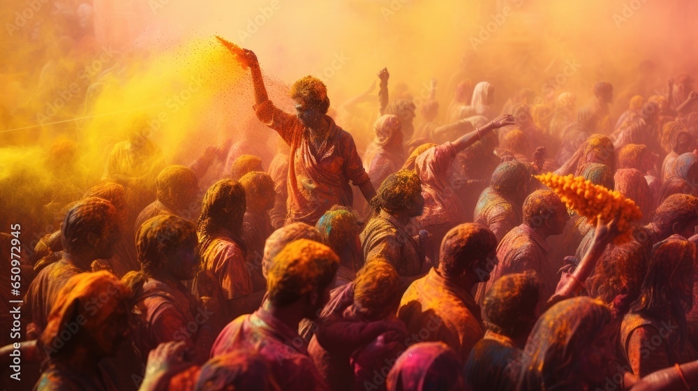 People celebrate colorful Holi festival in India, annual tourism colors, India - obrazy, fototapety, plakaty 