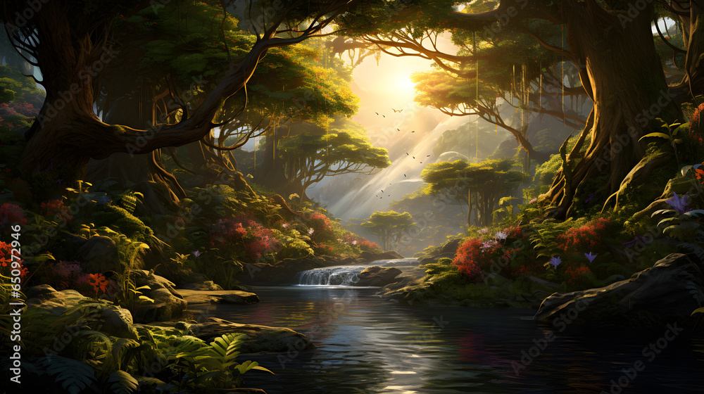 Fantasy landscape with a path in a fantasy forest. 3D rendering