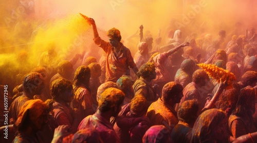 People celebrate colorful Holi festival in India, annual tourism colors, India