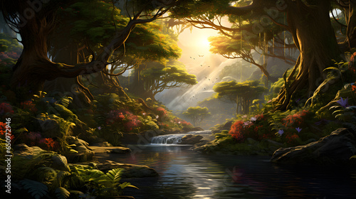 Fantasy landscape with a path in a fantasy forest. 3D rendering © Jharna