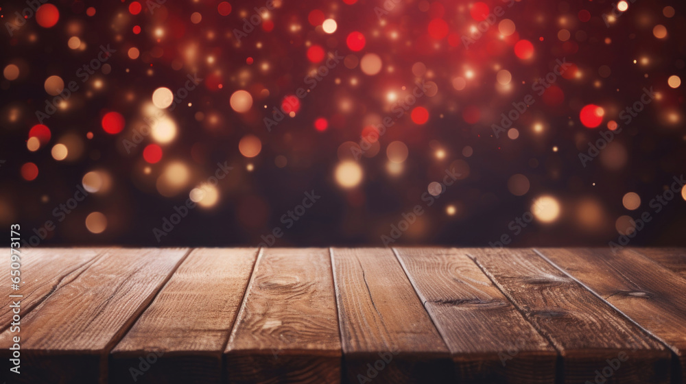 Close up of empty old wooden table over magic red Christmas background Close up of empty old wooden table over magic red Christmas background