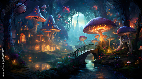 Fantasy landscape with magic forest and mushrooms, ai generated © Jharna