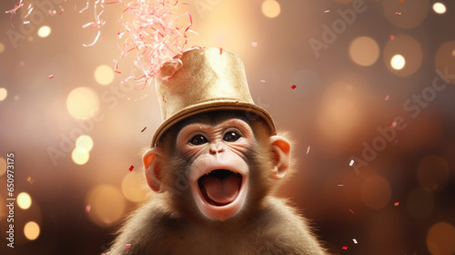 Fototapeta Happy monkey in a hat against a blurry background with confetti