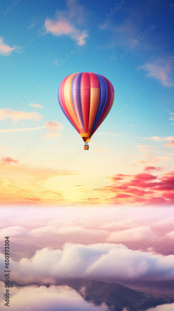 Fototapeta premium Hot air balloon in horizon sky, morning sunlight
