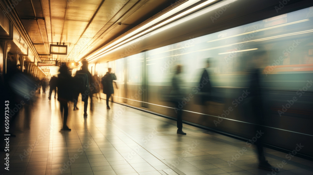 Fototapeta premium A train station subway with blurred motion and walking people