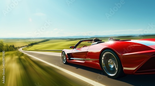 Coche deportivo de color rojo durante el atardecer. Paisaje de un prado verde. Velocidad © dmtz77