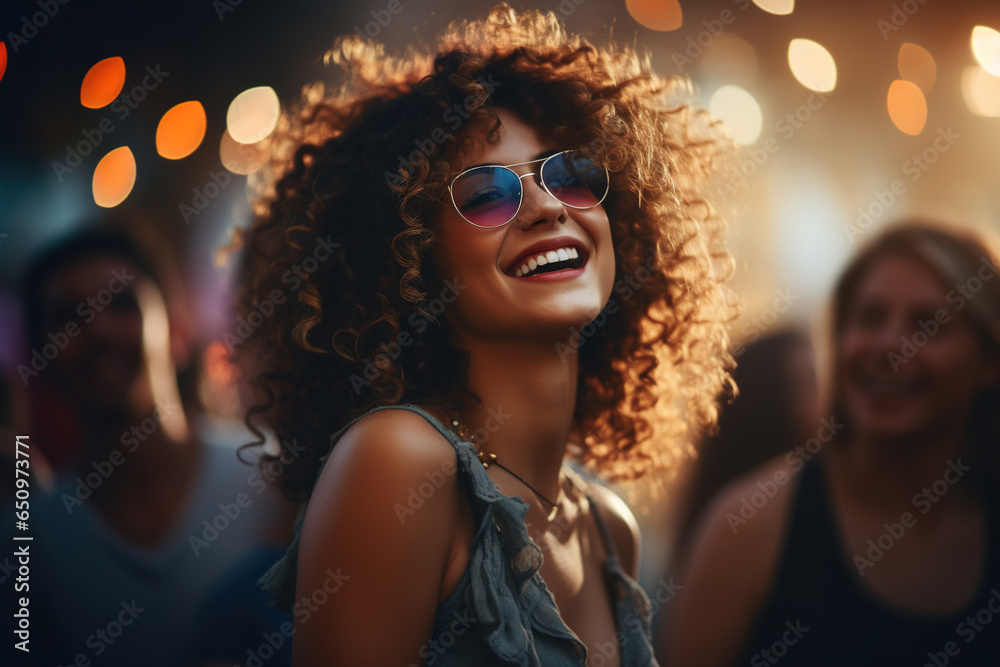 Happy laughing hipster african american woman in sunglasses having fun at music festival dancing in crowd of people outdoors. Enjoyable African hippie woman at a party, lifestyle Happy laughing hipster african american woman in sunglasses having fun at music festival dancing in crowd of people outdoors. Enjoyable African hippie woman at a party, lifestyle