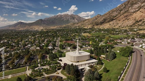 Aerial Provo Utah LDS temple mountain circle 1. Temple of The Church of Jesus Christ of Latter-day Saints, LDS or Mormon religion. Christian religious groups. Sacred for eternal worship. photo