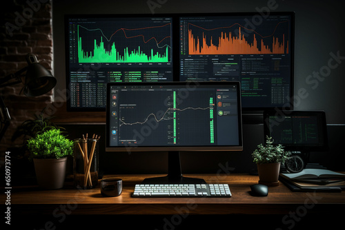 two computer monitors with stock market graphs on them