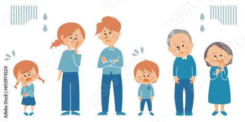 家族　三世帯　悲しみで泣く　イラストセット素材