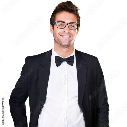 Handsome, groom and glasses in tuxedo for portrait with smile in happiness. Caucasian, husband and blissful on face on isolated or a transparent png background for wedding, reception or dinner © ArcursJointTeam/peopleimages.com