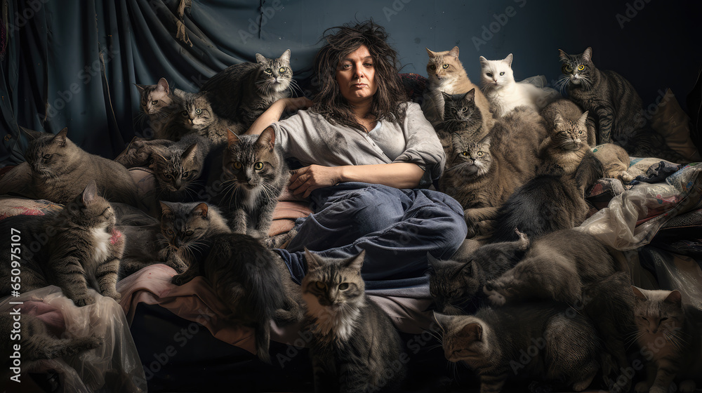 Unkempt Lonely Woman Sitting in a Dirty Room Surrounded by Cats