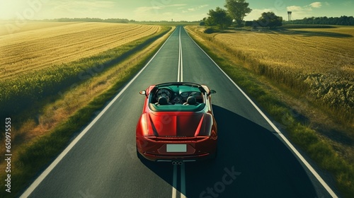 Coche descapotable clásico de color rojo en una carretera solitaria atravesando un prado photo
