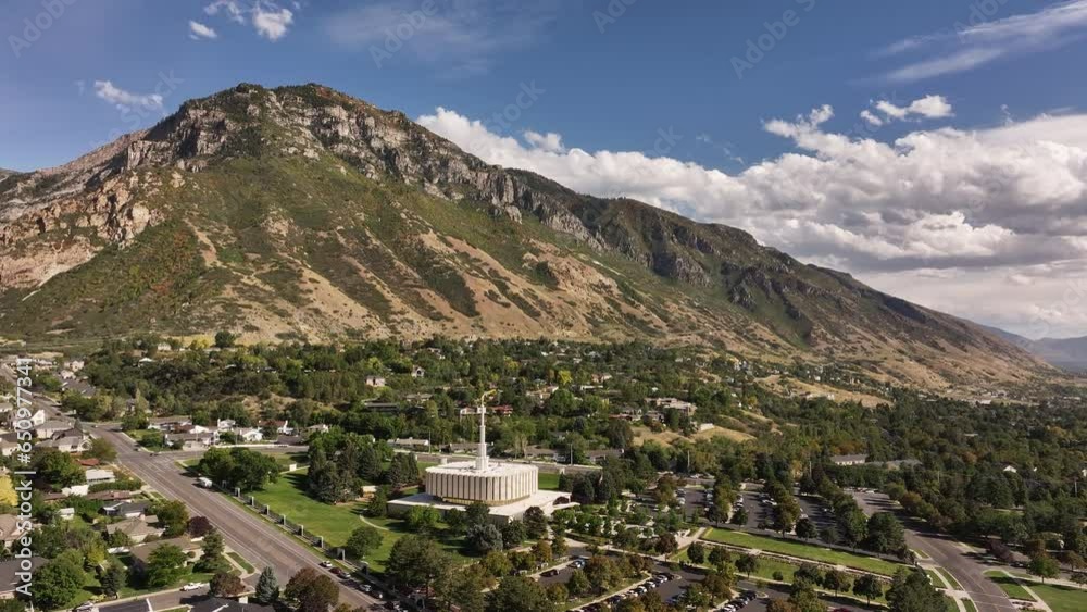Aerial Provo Utah LDS temple mountain valley circle 1. Temple of The Church of Jesus Christ of Latter-day Saints, LDS or Mormon religion. Christian religious groups. Sacred for eternal worship. Aerial Provo Utah LDS temple mountain valley circle 1. Temple of The Church of Jesus Christ of Latter-day Saints, LDS or Mormon religion. Christian religious groups. Sacred for eternal worship.