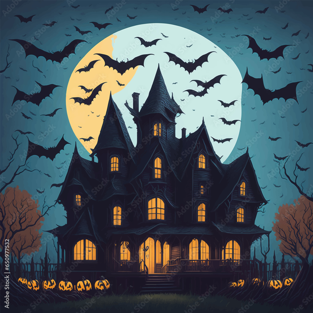 spooky halloween house with bats flying over