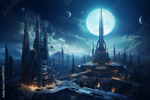 a futuristic city with a moon in the background © msroster