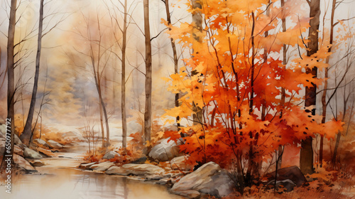 秋の森の中の川の水彩画