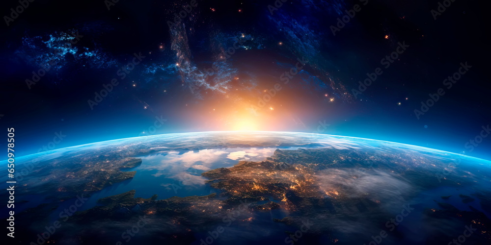 Panoramic view of the Earth, sun, star and galaxy. Sunrise over planet Earth - obrazy, fototapety, plakaty 