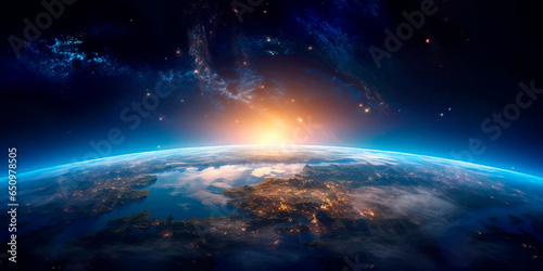 Fototapeta Naklejka Na Ścianę i Meble -  Panoramic view of the Earth, sun, star and galaxy. Sunrise over planet Earth