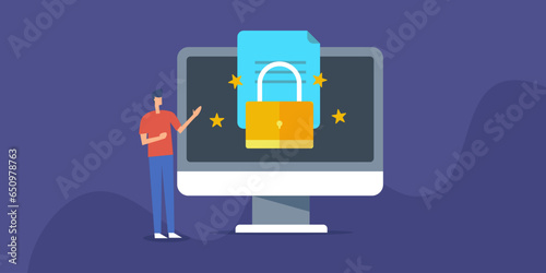 Customer data protection, man standing with computer, indicating online privacy and safety for personal information, cyber security and GDPR concept, vector illustration banner.