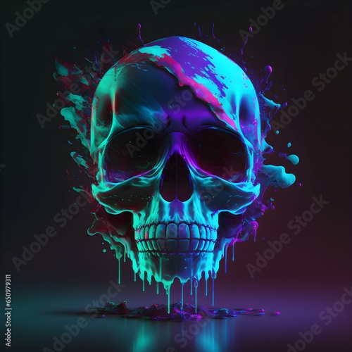 liquid iridiscent skull coloured with an american flag pattern in dark glowing neon lit atmosphere particles floating highres 4k high detail  photo