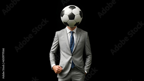 Man in suit with soccer ball head on the black background
