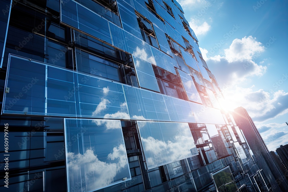 Innovative solar panels integrated into the windows of a high-rise building, converting sunlight into electricity 