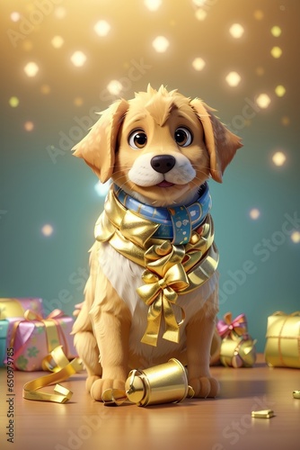 Golden retriever puppy, world pet day, cute photo with golden effects and presents wrapped up in wrapping paper, ultra realistic, 3d art, cartoon style, high quality photo.