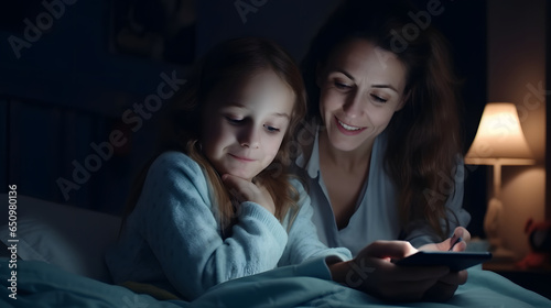 Mom and daughter watching cartoons in bed on tablet in children's room, concept of happy childhood and family.