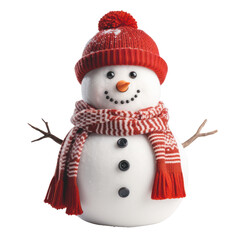 Snowman with red hat and scarf isolated on white transparent background, PNG. 