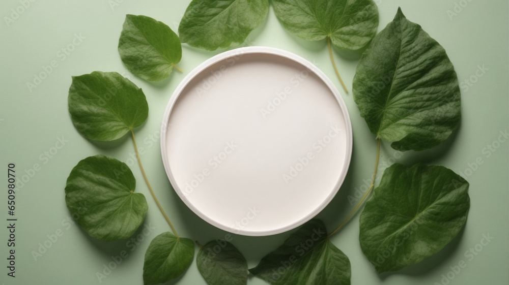 top view of green background with round white podium, mockup for natural products ads presentation on fresh leaves from natural eco forest, stylish and modern minimalist flat lay, space for text