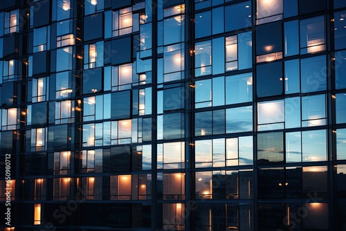 Innovative solar panels integrated into the windows of a high-rise building, converting sunlight into electricity 