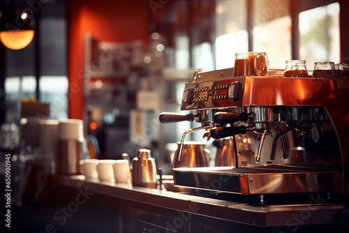 coffee machine in a coffee shop. generative ai, slow motion and blurred background, movement of people in a cafe.