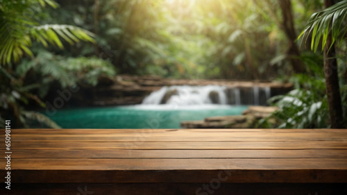 An empty wooden table to display products in a summer setting , jungle, forest with waterfall, palm leaves tropical background, space for text © anandart