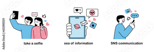 Smartphones and social media. Taking selfies, ocean of information, social network communication.