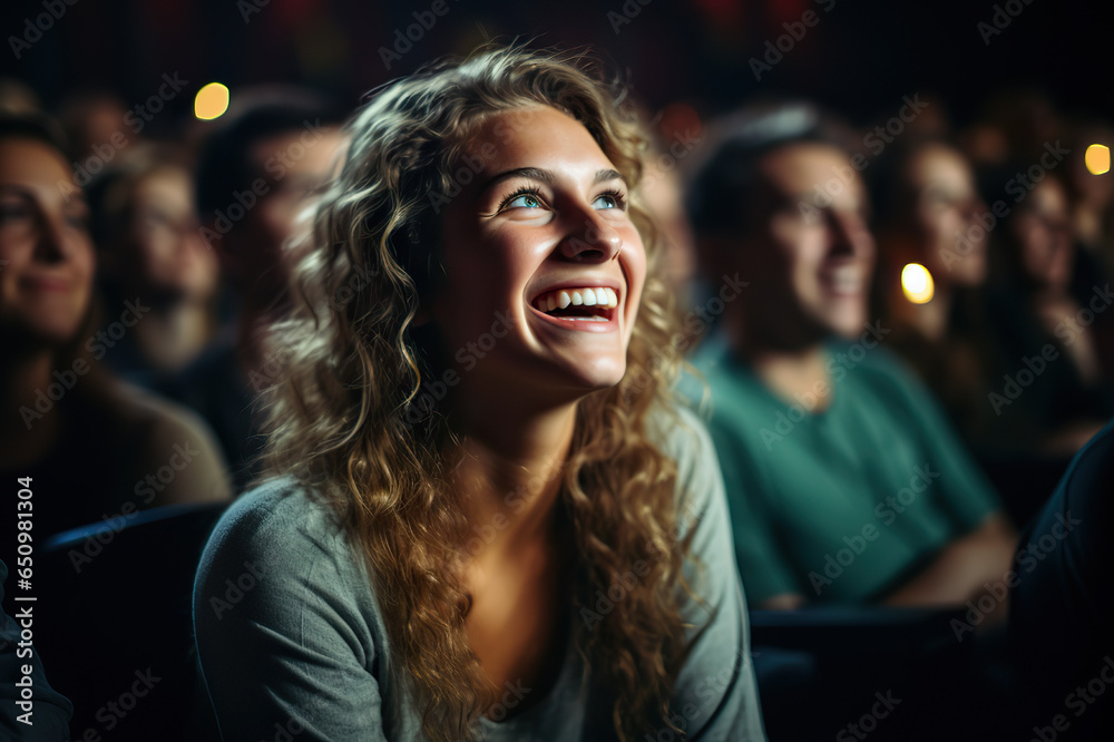 Joyful Audience Diverse Crowd Delighting in a Theater or Cinema Show, Laughter and Fun. created with Generative AI