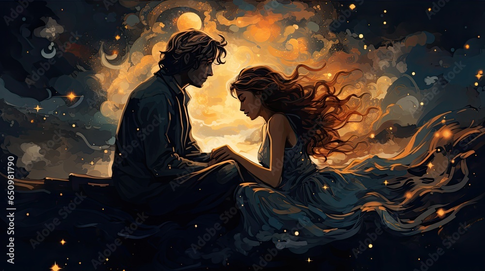 Two souls connecting amidst a celestial backdrop of dusk and shimmering stars Two souls connecting amidst a celestial backdrop of dusk and shimmering stars