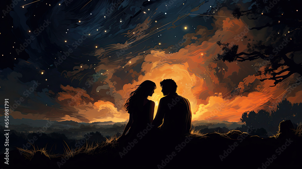 Lovers' silhouette set against a dreamy horizon, where night meets twilight. Lovers' silhouette set against a dreamy horizon, where night meets twilight.