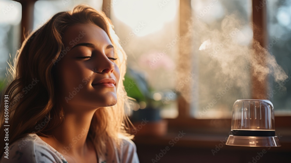A beautiful young woman relaxes on a coach while aromatherapy oils sweeten the air in a home living room. - obrazy, fototapety, plakaty 