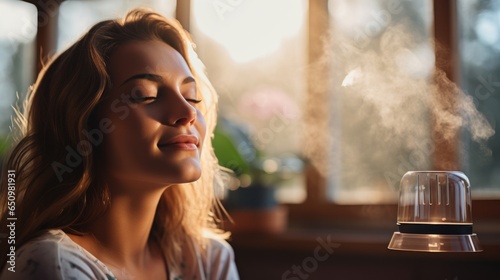 A beautiful young woman relaxes on a coach while aromatherapy oils sweeten the air in a home living room. photo