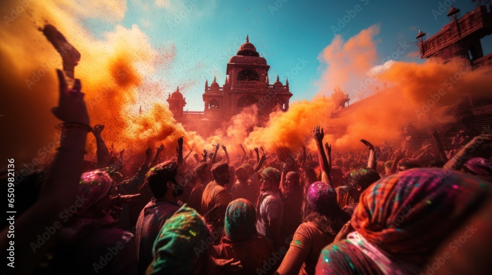 Holi (India): Holi is a festival of colors where people joyfully throw colored powder and water at each other. To celebrate the arrival of spring - obrazy, fototapety, plakaty 